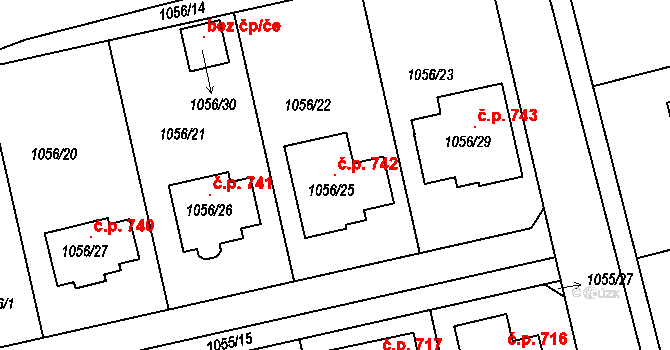 Březnice 742 na parcele st. 1056/25 v KÚ Březnice, Katastrální mapa