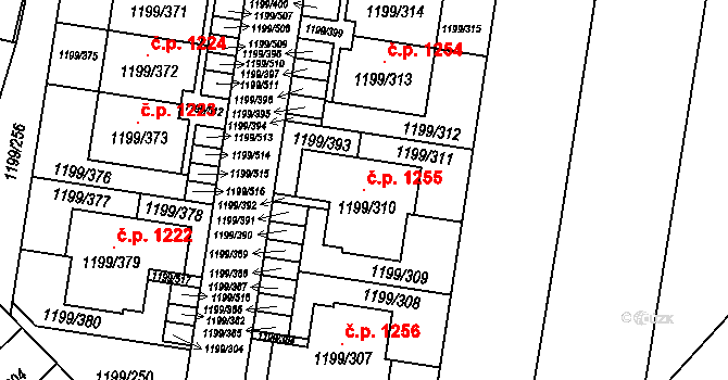 Vejprnice 1255 na parcele st. 1199/310 v KÚ Vejprnice, Katastrální mapa