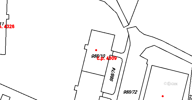Rýnovice 4309, Jablonec nad Nisou na parcele st. 988/10 v KÚ Rýnovice, Katastrální mapa