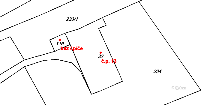 Horní Rybníky 13, Zábrodí na parcele st. 32 v KÚ Horní Rybníky, Katastrální mapa