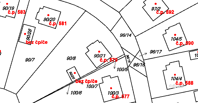 Lyžbice 579, Třinec na parcele st. 90/21 v KÚ Lyžbice, Katastrální mapa