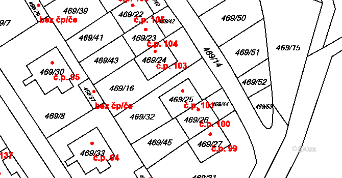 Zahrádky 101 na parcele st. 469/25 v KÚ Zahrádky u České Lípy, Katastrální mapa