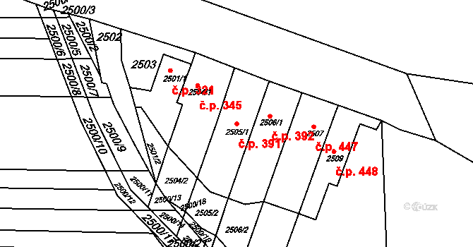 Veverská Bítýška 391 na parcele st. 2505/1 v KÚ Veverská Bítýška, Katastrální mapa