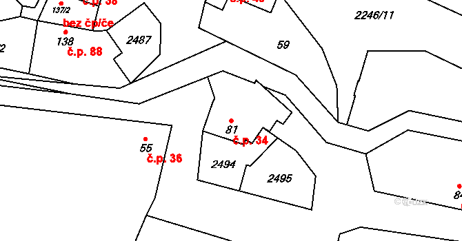 Troubky 34, Troubky-Zdislavice na parcele st. 81 v KÚ Troubky, Katastrální mapa