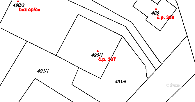 Fryčovice 307 na parcele st. 490/1 v KÚ Fryčovice, Katastrální mapa