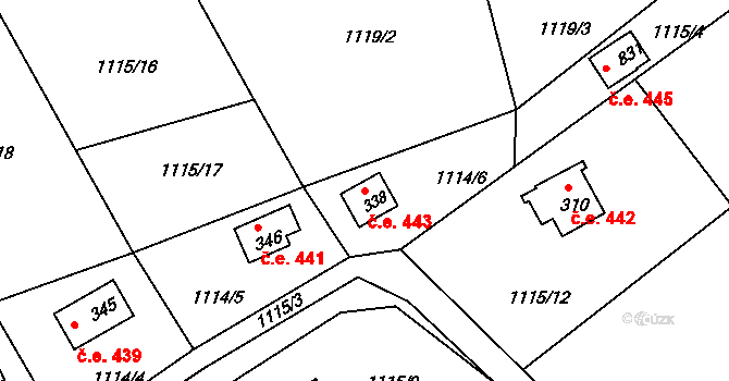 Borová Lhota 443, Pyšely na parcele st. 338 v KÚ Pyšely, Katastrální mapa