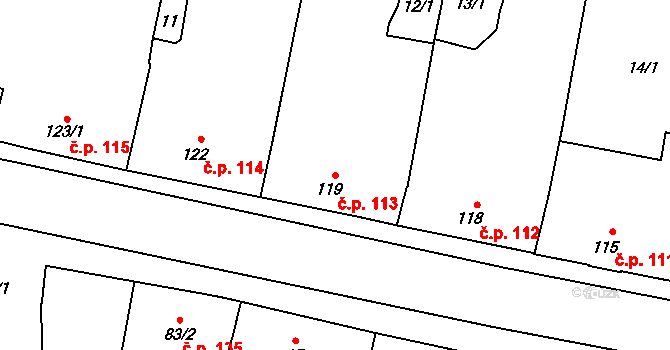 Ústín 113 na parcele st. 119 v KÚ Ústín, Katastrální mapa