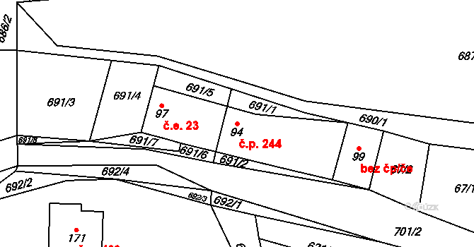 Vrbice 244, Mšené-lázně na parcele st. 94 v KÚ Vrbice u Mšeného-lázní, Katastrální mapa
