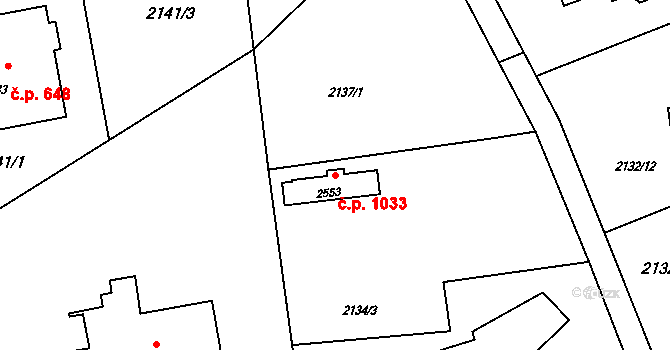 Rožnov pod Radhoštěm 1033 na parcele st. 2553 v KÚ Rožnov pod Radhoštěm, Katastrální mapa