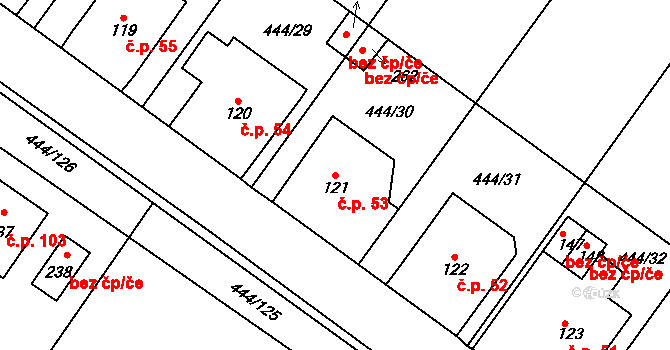 Podviní 53, Trnovany na parcele st. 121 v KÚ Trnovany u Litoměřic, Katastrální mapa