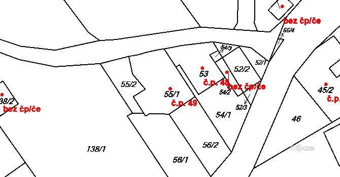Stradov 49, Chlumec na parcele st. 55/1 v KÚ Stradov u Chabařovic, Katastrální mapa