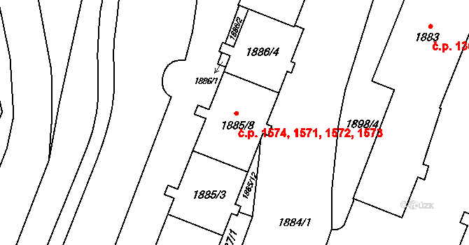 Kadaň 1571,1572,1573,1574 na parcele st. 1885/8 v KÚ Kadaň, Katastrální mapa