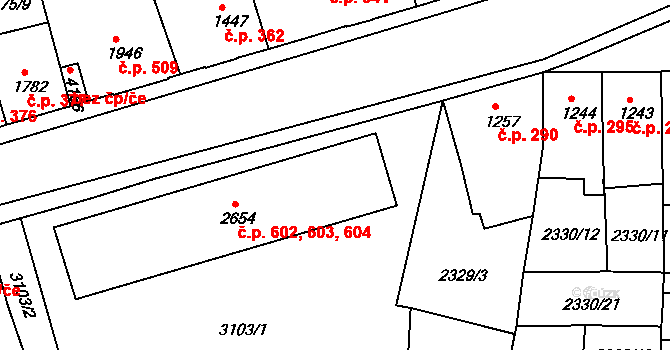 Chrudim II 602,603,604, Chrudim na parcele st. 2654 v KÚ Chrudim, Katastrální mapa