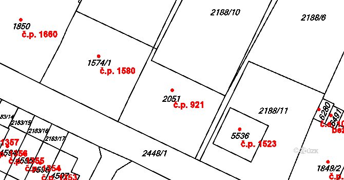 Cheb 921 na parcele st. 2051 v KÚ Cheb, Katastrální mapa