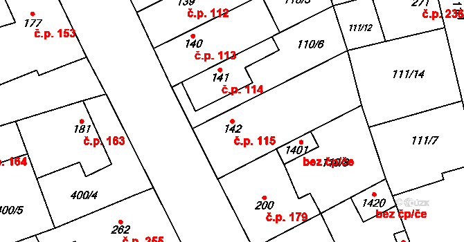 Veltrusy 115 na parcele st. 142 v KÚ Veltrusy, Katastrální mapa