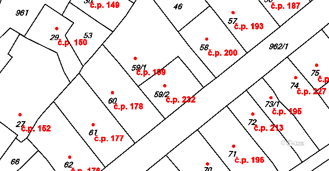 Borohrádek 232 na parcele st. 59/2 v KÚ Borohrádek, Katastrální mapa