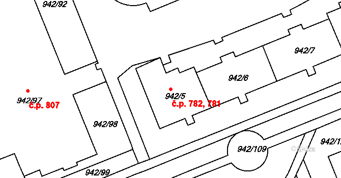 Hlubočepy 781,782, Praha na parcele st. 942/5 v KÚ Hlubočepy, Katastrální mapa