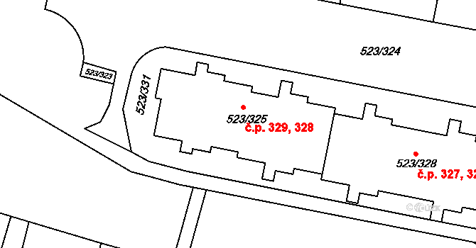 Horní Měcholupy 328,329, Praha na parcele st. 523/325 v KÚ Horní Měcholupy, Katastrální mapa