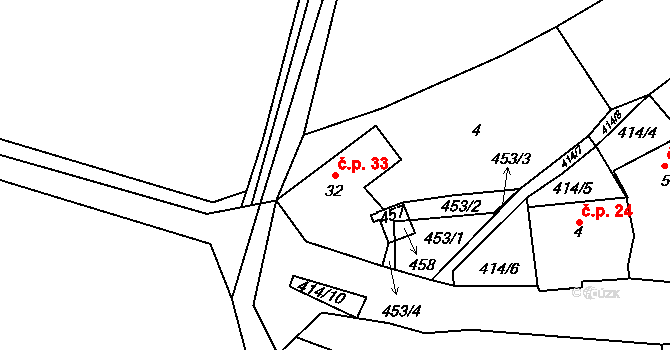 Chvalšovice 33, Dřešín na parcele st. 32 v KÚ Chvalšovice, Katastrální mapa