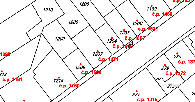 Chomutov 1471 na parcele st. 1207 v KÚ Chomutov I, Katastrální mapa