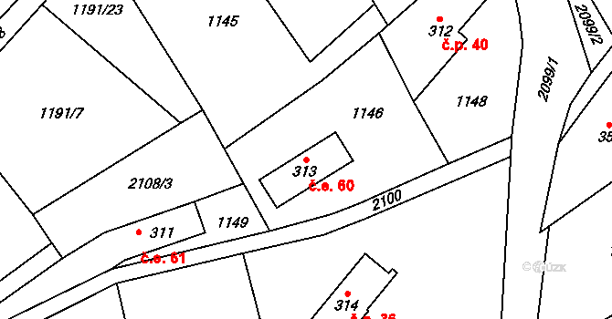 Polesí 60, Rynoltice na parcele st. 313 v KÚ Polesí u Rynoltic, Katastrální mapa