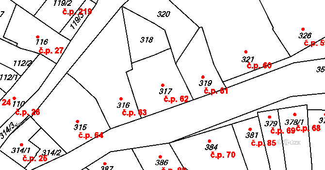 Horákov 62, Mokrá-Horákov na parcele st. 317 v KÚ Horákov, Katastrální mapa