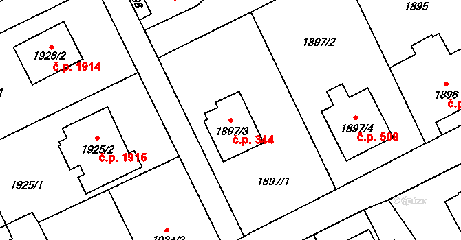 Mizerov 344, Karviná na parcele st. 1897/3 v KÚ Karviná-město, Katastrální mapa
