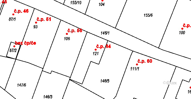 Bítouchov 64 na parcele st. 121 v KÚ Bítouchov u Mladé Boleslavi, Katastrální mapa
