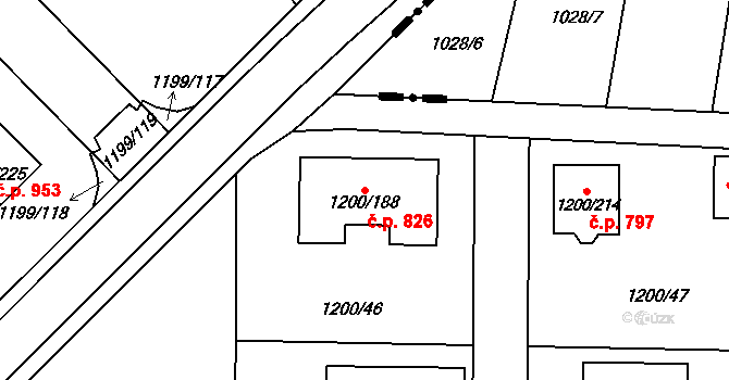 Vejprnice 826 na parcele st. 1200/188 v KÚ Vejprnice, Katastrální mapa