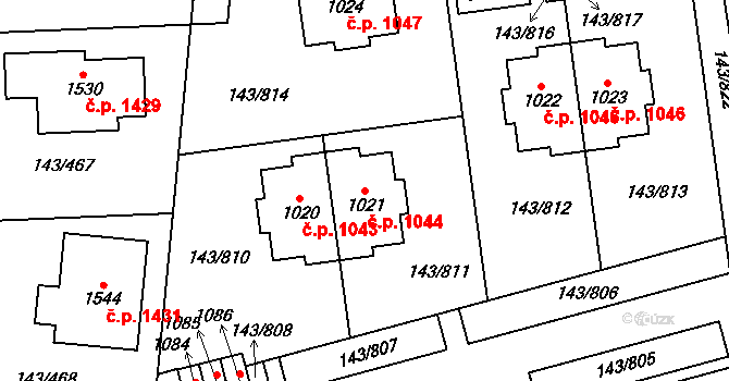 Jesenice 1044 na parcele st. 1021 v KÚ Jesenice u Prahy, Katastrální mapa