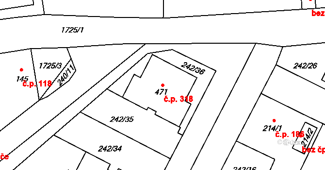 Tymákov 318 na parcele st. 471 v KÚ Tymákov, Katastrální mapa
