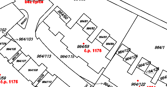 Hlubočepy 1176, Praha na parcele st. 964/58 v KÚ Hlubočepy, Katastrální mapa