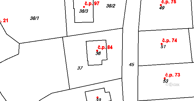 Klečůvka 84, Zlín na parcele st. 36 v KÚ Klečůvka, Katastrální mapa