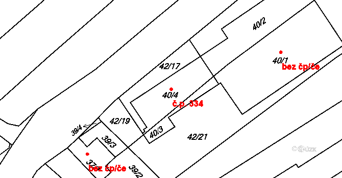 Rudice 334 na parcele st. 40/4 v KÚ Rudice u Blanska, Katastrální mapa