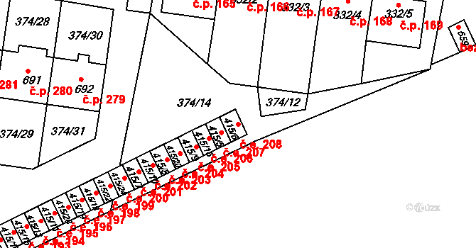 Rybitví 208 na parcele st. 415/6 v KÚ Rybitví, Katastrální mapa