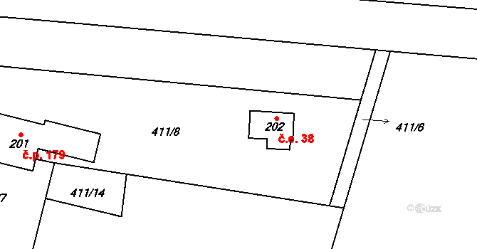 Studánka 38, Hranice na parcele st. 202 v KÚ Studánka u Aše, Katastrální mapa