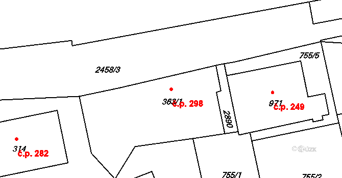 Luhačovice 298 na parcele st. 363/1 v KÚ Luhačovice, Katastrální mapa