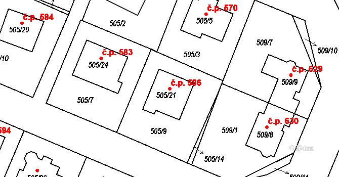 Želechovice nad Dřevnicí 586 na parcele st. 505/21 v KÚ Želechovice nad Dřevnicí, Katastrální mapa