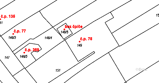 Huštěnovice 78 na parcele st. 149 v KÚ Huštěnovice, Katastrální mapa