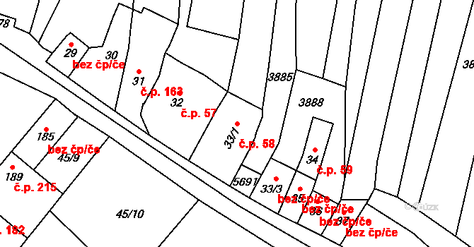 Ořechov 58 na parcele st. 33/1 v KÚ Ořechov u Uherského Hradiště, Katastrální mapa