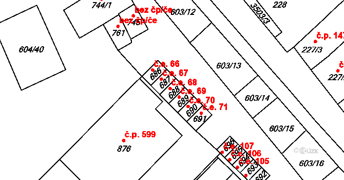 Lysice 68 na parcele st. 688 v KÚ Lysice, Katastrální mapa