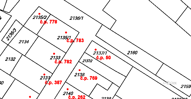 Kunovice 50 na parcele st. 2137/1 v KÚ Kunovice u Uherského Hradiště, Katastrální mapa