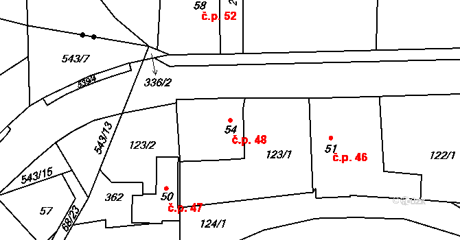 Licoměřice 48, Lipovec na parcele st. 54 v KÚ Licoměřice, Katastrální mapa
