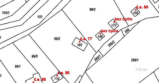 Třeboutice 77, Křešice na parcele st. 185 v KÚ Třeboutice, Katastrální mapa
