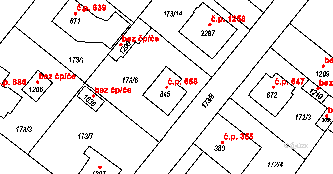Neratovice 658 na parcele st. 845 v KÚ Neratovice, Katastrální mapa