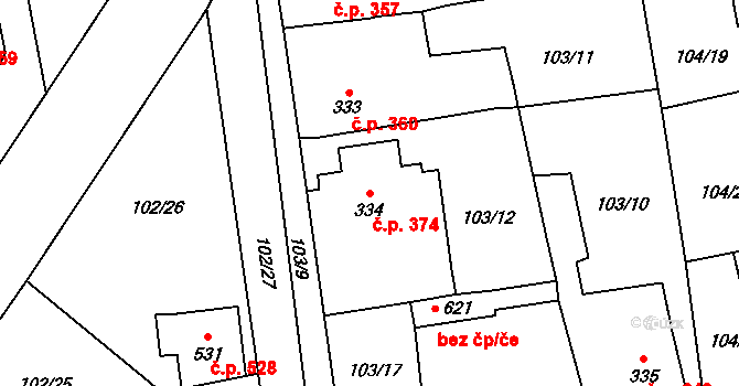 Rudná 374 na parcele st. 334 v KÚ Dušníky u Rudné, Katastrální mapa