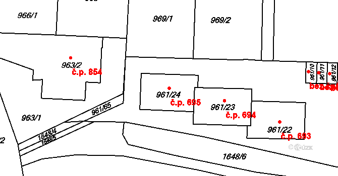 Hronov 695 na parcele st. 961/24 v KÚ Hronov, Katastrální mapa