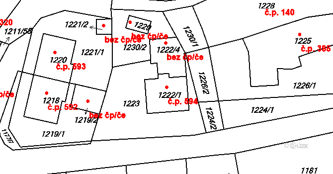 Velké Opatovice 594 na parcele st. 1222/1 v KÚ Velké Opatovice, Katastrální mapa