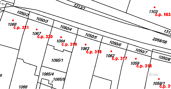 Mohelnice 318 na parcele st. 1063 v KÚ Mohelnice, Katastrální mapa