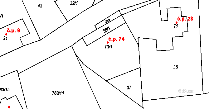 Hostašovice 74 na parcele st. 73/1 v KÚ Hostašovice, Katastrální mapa